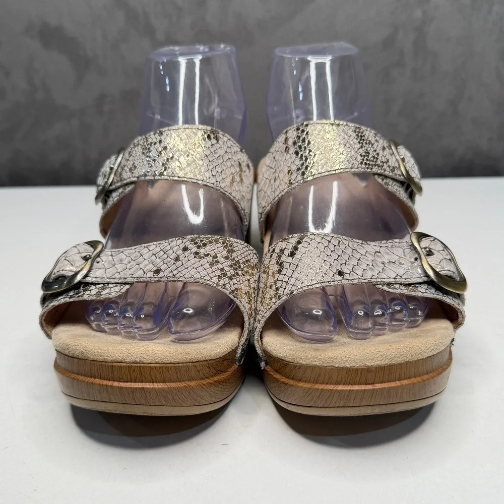 Dansko Slide Sandals Womens 8.5 Metallic Snakeskin Leather Buckle Wedge Comfort